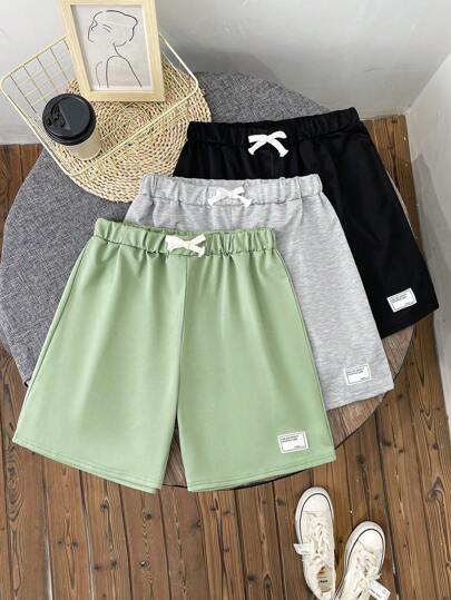 SHEIN Leap Crew Set de 3 piezas de pantalones cortos deportivos de color gris, negro y blanco de corte minimalista casual para adolescentes, chándal de punto, primavera/verano