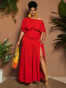Maweii Plus Size Solid Color Crop Top & High Slit Hem Skirt 2 Pieces Set, Vacation Fashion - Red - View 3