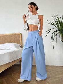 Muchica Women's Solid Color Casual Pants, Minimalist Style Suitable For Summer - Blue - View 4