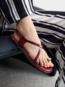 CUCCOO BIZCHIC CUCCOO Women Fashionable Casual Rhinestone Decor Flat Sandals - Burgundy - View 5