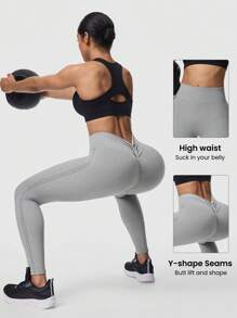 Seamluxe SHEIN Sport 1 pezzo Leggings sportivi, design con motivo a orecchie di miglio ai lati + design in vita a V, colore grigio, lunghezza alla caviglia, senza cuciture, vita alta, adatti per yoga e fitness