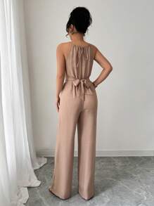 Elenzga Mono largo informal de mujer para primavera/verano de tela arrugada caqui con escote halter, cuentas en la cintura, diseño con botones y cordón