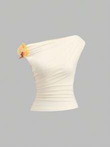 Sweetra Spring/Summer Women Asymmetrical Neck Yellow Tee With 3D Floral Decor, Fitted & Cropped Design - Yellow - View 1