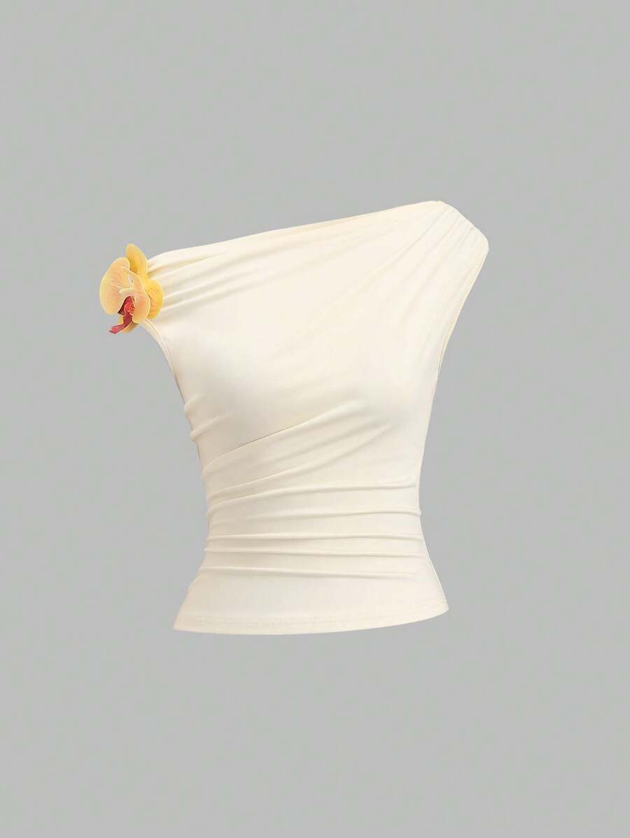 Sweetra Spring/Summer Women Asymmetrical Neck Yellow Tee With 3D Floral Decor, Fitted & Cropped Design - Yellow - View 1