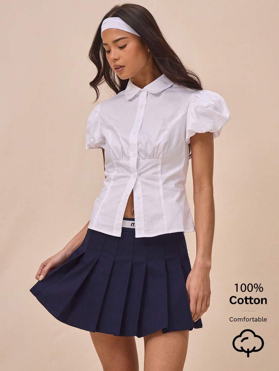 MUSERA Collared Cotton Poplin Fitted Puff Short Sleeve Summer Top Spring Fall - White - View 1