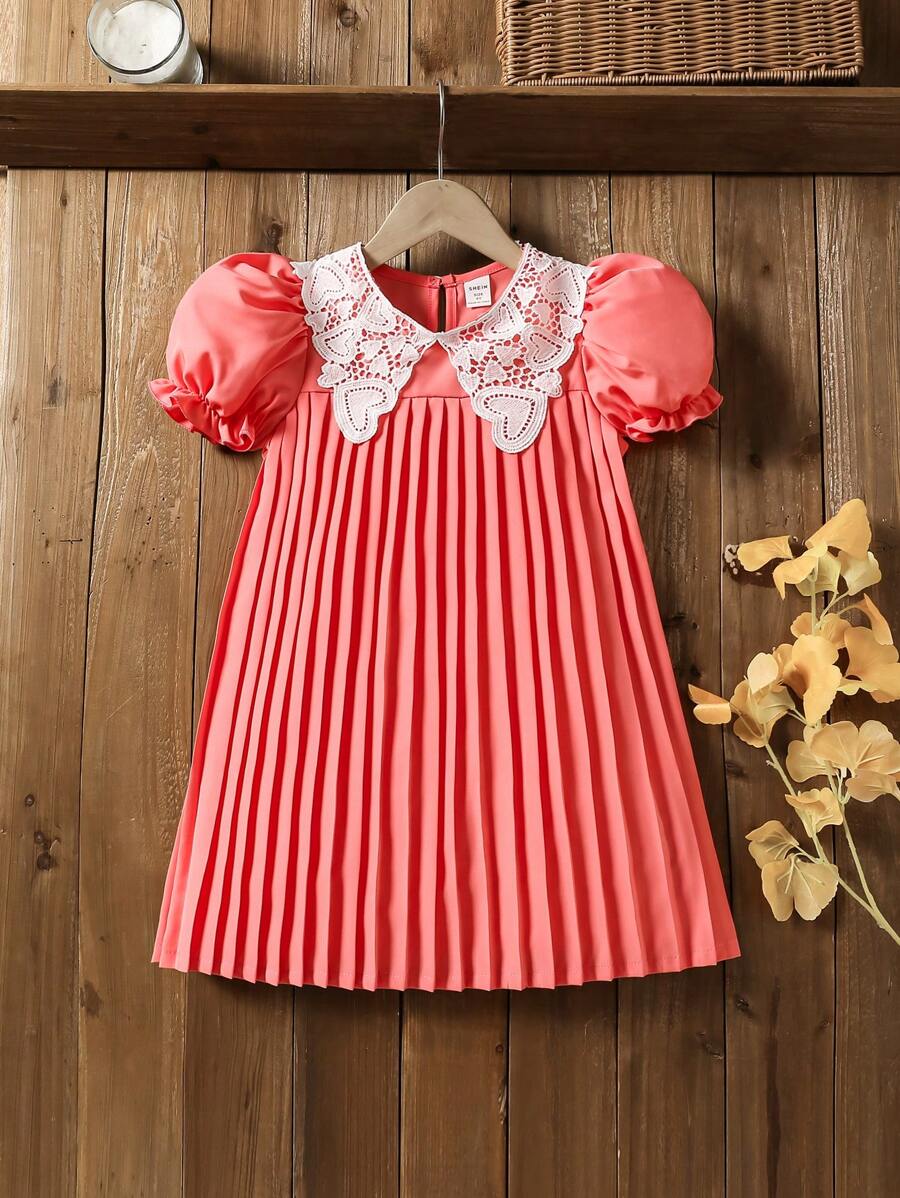 SHEIN Contrast Lace Puff Sleeve Ruffle Hem Elegant Dress For Young Girls - Watermelon Pink - View 1