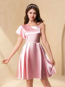 SHEIN Teens One Shoulder Ruffle Waist A-Line Dress, Wedding Party Formal Gown - Pink - View 5