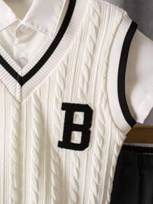 SHEIN Young Boy Casual Letter Applique Contrast Trim Vest + Solid Color Shirt + Shorts 3pcs/Set