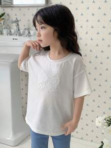 DAZY Young Girl Round Neck Embroidered Knit Short Sleeve T-Shirt, Summer - White - View 1