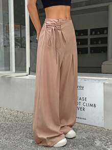 Chiquease Pantalones de pierna ancha de mezcla de lino con cintura alta y lazo - Caqui - Ver 4