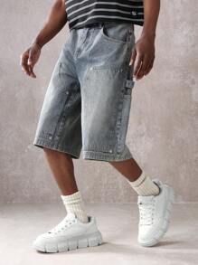 SUMWON 木匠面板牛仔短裤实用工作服宽松膝盖以下长度多口袋街头服饰夏季休闲时尚滑板百慕大短裤 - 藍色 - 查看 1