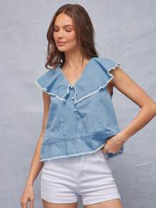 WESTFADE Summer Ruffle Fray Edge Split V Neck Loose Fit Cute Keyhole Button Back Sleeveless Denim Tank Top - Light Wash - View 1