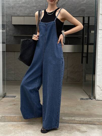 DAZY Bộ đồ liền thân denim ống rộng rộng rãi có túi cho nữ, thường ngày