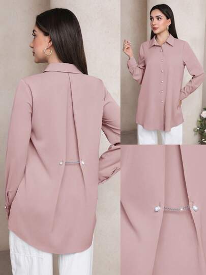 Veilorie 女式纯色长袖单排扣休闲办公衬衫