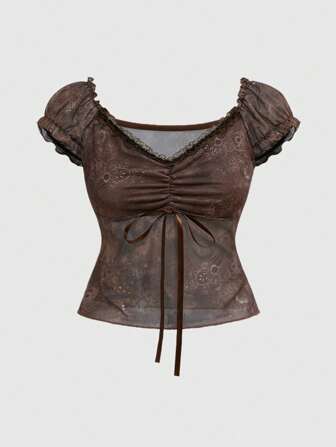 Camiseta versátil de mujer de corte slim con escote en V retro hippie, decoración de moño y estampado floral ditsy de contraste