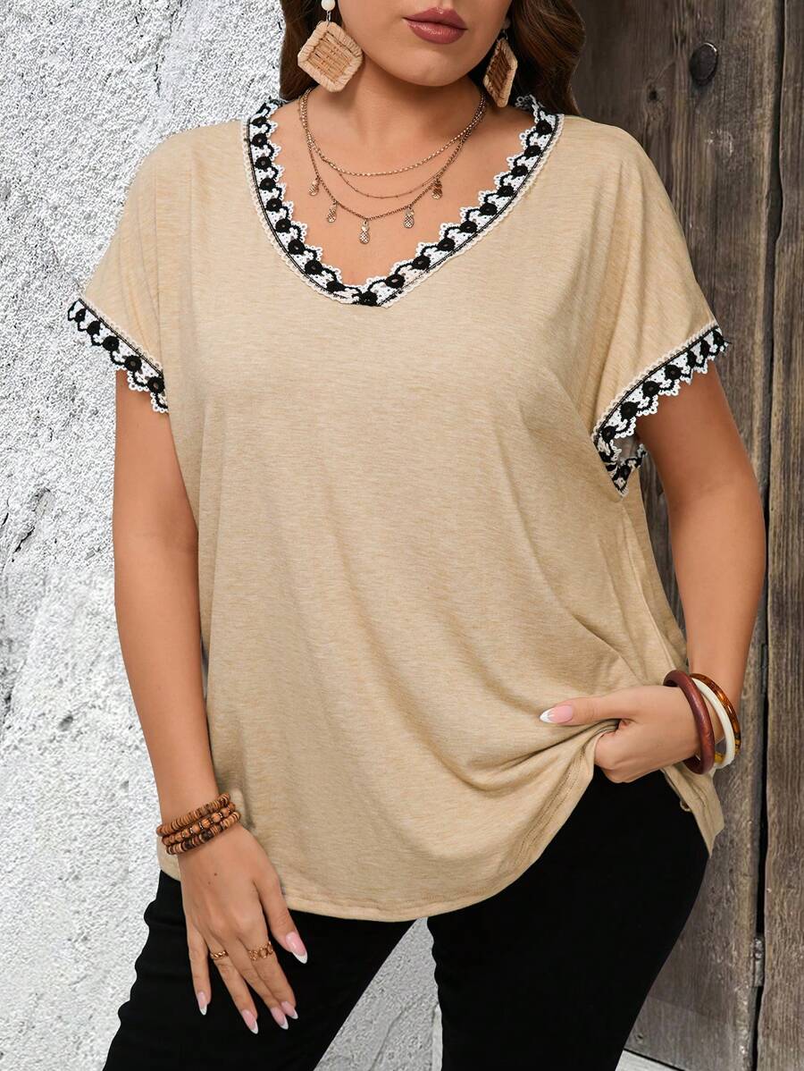 EMERY ROSE Plus Size Casual Vacation Contrast Color Lace Trim Tunic Top Summer For Women, Vacation Woman Boho Women's - Apricot - View 1
