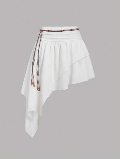 SHEIN MOD 女士不对称剪裁迷你裙，配腰带，适合度假、音乐节和西式风格，夏季