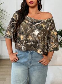 SHEIN EZwear 植物印花休闲宽松大码女式落肩T恤 - 彩色 - 查看 2
