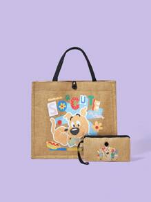 SCOOBY-DOO X SHEIN 2pcs Women Cartoon Dog Print Bag Set - Khaki - View 1
