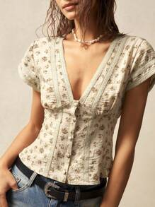 Bohemela Bohemela Women's Short Sleeve Floral Lace Patchwork Vacation Style Slim-Fit Blouse,Sleeveless Tops