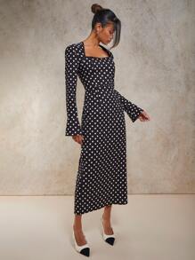 COSMINA Women's Elegant Polka Dot Waist Flare Sleeve Dress, Suitable For Spring/Summer Party/Vacation - Black and White - View 4