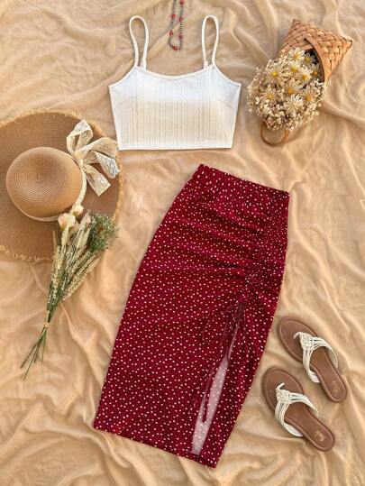 Dreamara 大码女式酒红色针织纹理吊带背心和酒红色心形印花抽绳系带开叉裙 2 件套