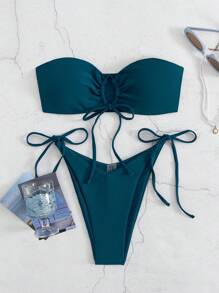 SHEIN Swim 纯色比基尼泳装，无肩带 - 水鴨藍 - 查看 6