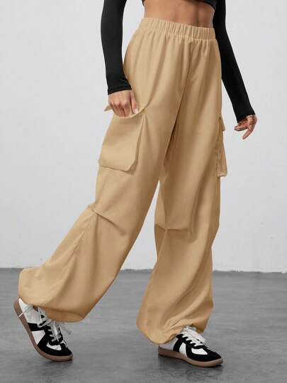 SHEIN Tall 纯色弹性腰部街头工装口袋降落伞裤