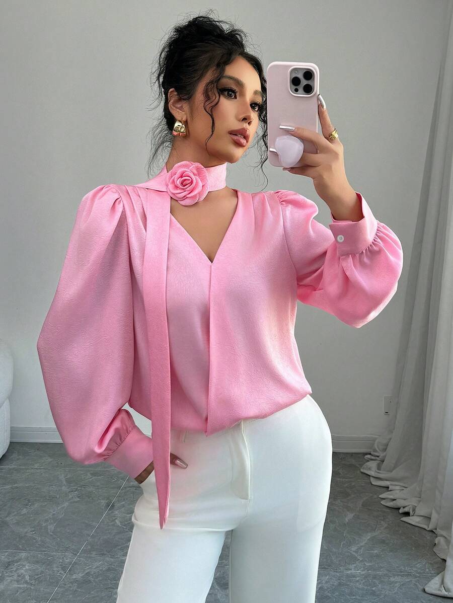 Selianne 1 chiếc áo cánh công sở tay phồng trơn màu dành cho nữ - Hồng - Xem 1