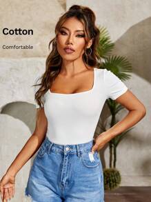 SHEIN PETITE Square Neck Short Sleeve Slim Solid Women T-Shirt - White - View 7