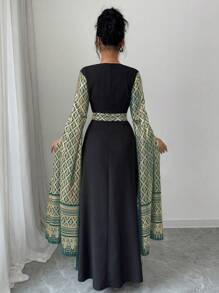 Rafferiza Fashionable Elegant Square Collar Puff Sleeve Foil Print Spring/Summer Long Dress Fall Cloth For Women - Dark Green - View 2