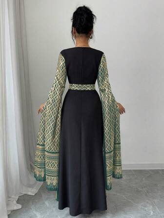 Rafferiza Fashionabla eleganta fyrkantiga krage puffärm folietryck vår/sommar lång klänning