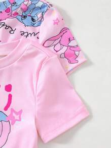 4pcs/Set Infant Baby Girls Striped & Multicolor Cartoon Teddy Design Soft Stretchy Short Sleeve Romper & Shorts Pajamas Set, Summer Mother Day Gift Graduation Gift Summer Clothes Snug Fit Tight Fit Pajamas