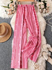 Breezaya Geometric Pattern Loose Wide Leg Pants, Vacation & Casual Fall Cloth For Women - Pink - View 2