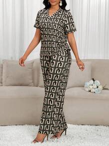 SHEIN Lady Women 2pcs/Set Geometric Print Short Sleeve Top And Pants, Casual Outfit - Multicolor - View 5