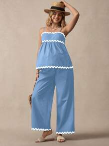 SHEIN Bohemian Adjustable Strap Tank Top & Wide Leg Pants 2 Pieces Maternity Set - Blue - View 4
