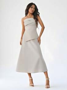 SHEIN PETITE Váy suông xếp ly hở vai mùa hè đơn giản thanh lịch có viền ô eo đế chế - Màu be - Xem 1