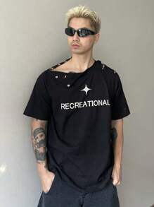 DAZY 男士可拆卸袖子 T 恤，字母印花深色款式，夏季 - 黑色 - 查看 9