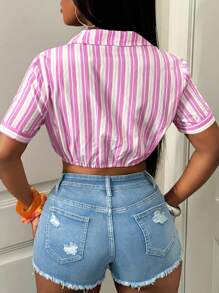 BamGleam Nouvelle chemise femme rayée rose avec nœud à l'avant, printemps/été 2025 - confortable, décontractée et parfaite pour les vacances