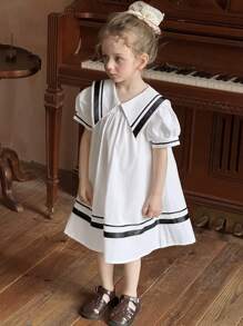 DAZY Girls Navy Style Loose Short Sleeve Dress, Fashionable School Summer - White - View 5