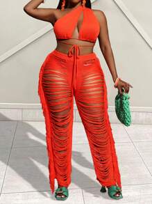 Slaydiva 2025 New Arrival Holiday Vacation Simple Hollow Out Solid Color Tie Front Top + Tassel High Waist Pants Knit 2Pcs Suit For Women, Spring/Summer - Orange - View 6
