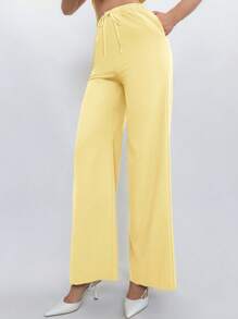Aloruh Summer Casual Commuting Solid Color Backless Halter Neck Top + Pants Set - Yellow - View 3