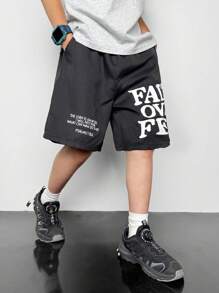 SHEIN Tween Boy Casual Solid Color Decorative Pocket Elastic Waist Shorts, Suitable For Autumn, Spring, Summer, Suitable For Outdoor Play, School, Street Style, Party And Home Leisure