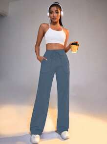 Easithlete 休闲纯色高腰直筒裤运动裤女装健身女装裤子 - 藍色 - 查看 3