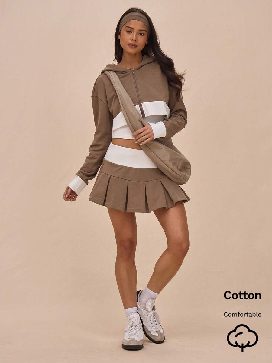 MUSERA Mid Rise Contrast Waistband Pleated Mini Skirt Streetwear The Book Shop Vacation Holiday - Multicolor - View 1