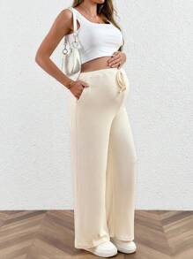SHEIN Maternity Pants - Comfortable Textured Long Pants, Underwear & Sleepwear, Pajama Set, Pajama, Pajama Dress, Loungewear, Nightgown, Robe, Sleepwear - Beige - View 4