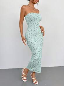 SHEIN PETITE Váy yếm bó sát mùa hè có họa tiết hoa nhỏ, màu hồng - Màu xanh Bạc hà - Xem 5