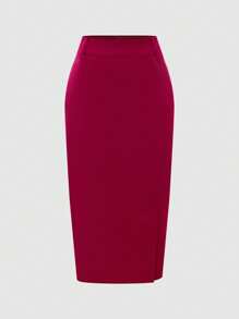 SHEIN Clasi Women's Basic Commute V-Neck Front & Middle Split Design Knee-Length Pencil Skirt, Maroon - Burgundy - View 6