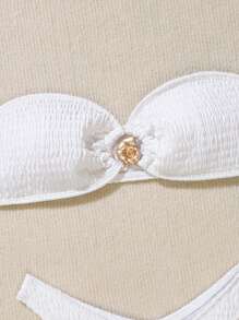 SHEIN Swim 2件組白色粗針織平口金屬貝殼簡約度假比基尼泳衣 女款 夏季 - 白色 - 查看 5