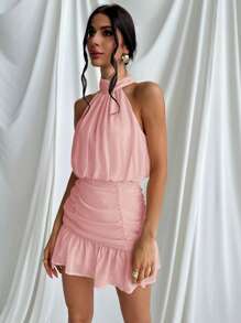 Firerie Women's Halter Neck Ruched Bodycon Romantic Elegant Vacation Beach Dress, Party Dress - Pink - View 5